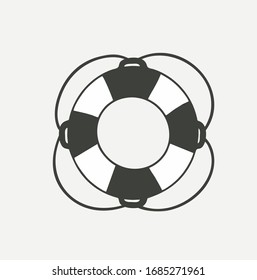 Monochrome black and white, striped lifebuoy. Sign of life saving. Drawn in flat style illustration. Isolated vector. Ready emblem logo for print.