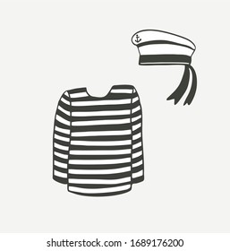 Monochrome, black and white striped T-shirt with sleeves and a sailor's cap, visor. Sailor uniform, vest. Drawn in flat style illustration. Isolated vector. Ready emblem logo for print.