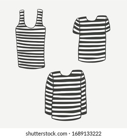 Monochrome, black and white stripes set with and without sleeves. Sailor uniform, vest. Drawn in flat style illustration. Isolated vector. Ready emblem logo for print.