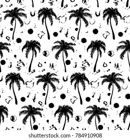 Monochrome black and white tropical palm tree hand drawn sketch seamless pattern texture background vector