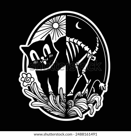 monochrome black and white vector cartoon illustration of a cute little black cat, half the cat's body and the other half bones metaphor from the concept of day and night, good and bad, etc.
