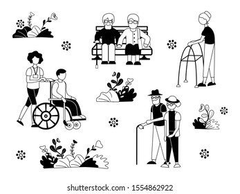 Monochrome Black and White Vector illustration Pensioners, Disabled people, People with Disabilities, Elderly People