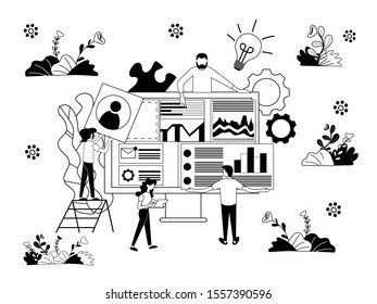 Monochrome black and white vector illustration of tiny people near computer set up business analytics for online business, marketing strategy development