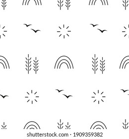 Monochrome black and white vector seamless pattern with spring or summer graphic elements. Texture for fabric and other types of design. 
