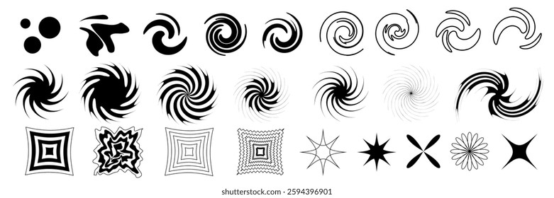 Monochrome black and white vector shapes. Brutalist abstract geometric shapes and grids featuring contemporary designs. Includes stars, ovals, spirals, flowers, and other primitive elements.