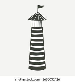 Monochrome, black and white vintage lighthouse, tower with a flag. Drawn in flat style illustration. Isolated vector. Ready emblem logo for print.
