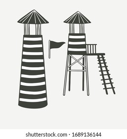 Monochrome, black and white, vintage lighthouse, rescue tower with a ladder, a tower with a flag. Drawn in flat style illustration. Isolated vector. Ready emblem logo for print.