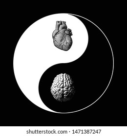 Monochrome black and white Yin Yang chinese symbol with human brain and heart balance illustration isolated on black background