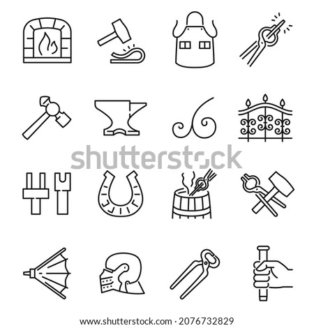 Monochrome blacksmith craft handwork icon line set vector illustration. Craftsmanship logo horseshoe, hammer, molten metal, forging equipment isolated on white. Forge, steel, fireplace and metalwork Stock photo © 