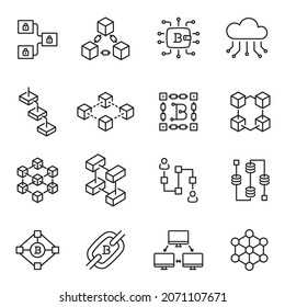 Monochrome block chain technology line icon set vector illustration. Minimalist innovation cyberspace data transaction isolated on white. Geometric information blockchain transfer network technology