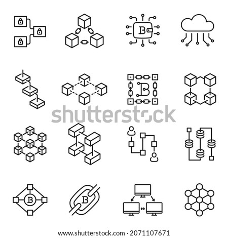 Monochrome block chain technology line icon set vector illustration. Minimalist innovation cyberspace data transaction isolated on white. Geometric information blockchain transfer network technology
