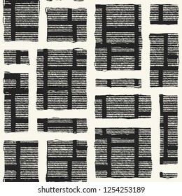 Monochrome Block Graphic Motif Variegated Stroke Textured Background. Seamless Pattern.