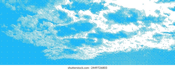 Monochrome blue clouds in the sky with halftone raster effect and dot texture. Dramatic stormy sky. Smoke or fog in pop art or comics style. Retro vector BG