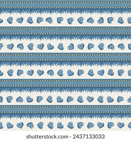 Monochrome blue denim pattern with small hearts. Horizontal jeans texture stirpes with fringe, topstitching. Groovy, hippie, naive style for apparel, fabric, textile, design