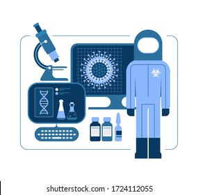 Monochrome blue design elements isolated on a white background. Research into drugs and vaccines to combat Covid-19 concept vector illustration. Man in hazmat suit, laboratory equipment.