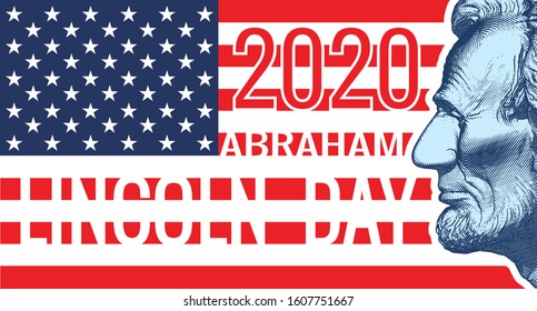 Monochrome blue engraved vintage drawing of Abraham Lincoln side view illustration isolated on USA flag theme banner background for Lincoln day celebration retro style