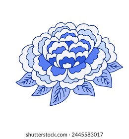Monochrome blue floral chinoiserie style flower isolated on white background. Abstract hand drawn botanical clip art element.