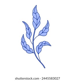 Monochrome blue floral chinoiserie style leaf isolated on white background. Abstract hand drawn botanical clip art element.