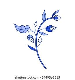 Monochrome blue floral chinoiserie style flower isolated on white background. Abstract hand drawn botanical clip art element.