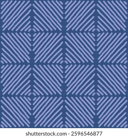Monochrome blue geometric vector seamless pattern. Modern hand drawn striped design with uneven diagonal lines forming squares on dark background for textile, package. Bold abstract repeat tile