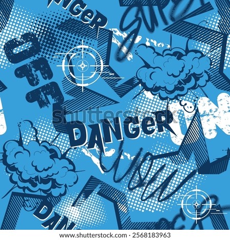 Monochrome blue Grunge vector seamless pattern with explosion, sight, dots, graffiti text On, Off, Danger, Super. Grunge textured print for sport textile, clothes, wrapping paper.