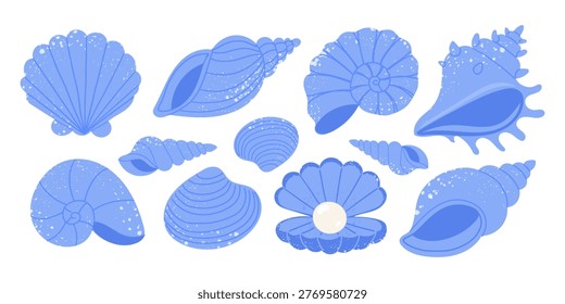 Monochrome blue hand drawn seashell collection. Doodle ocean shells and clam with pearl. Nautical summer beach elements on white background for marine design. Vector illustration