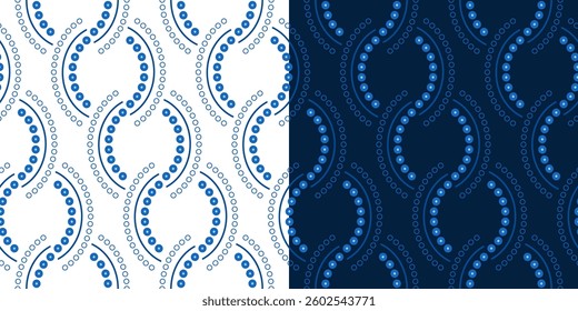 Monochrome blue linear seamless pattern. Chain weave design. Wavy lace scallops ornament of semicircles. Elegant vintage background. Diagonal concentric curved lines made from small circles.