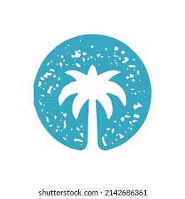 Monochrome blue palm tree circle silhouette hand drawn decorative design grunge texture vector illustration. Simple tropical wood with leaves rounded logotype summer vacation emblem isolated on white