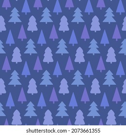 Monochrome blue pattern with winter Christmas trees for laconic festive wrapping paper, packaging. Nice seamless regular texture with night fir forest. Simple flat vector illustration without outline.