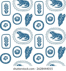 Monochrome blue seamless pattern featuring iguanas, tropical leaves and exotic flowers, perfect for nature-themed textiles, wrapping paper, and modern surface design.