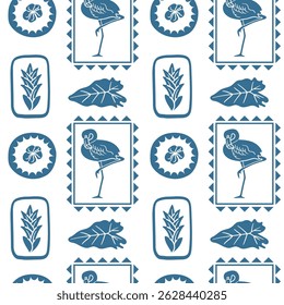 Monochrome blue seamless pattern with flamingo, tropical leaf, exotic flower and framed jungle motifs, ideal for fabric, wallpaper, and modern decorative projects.