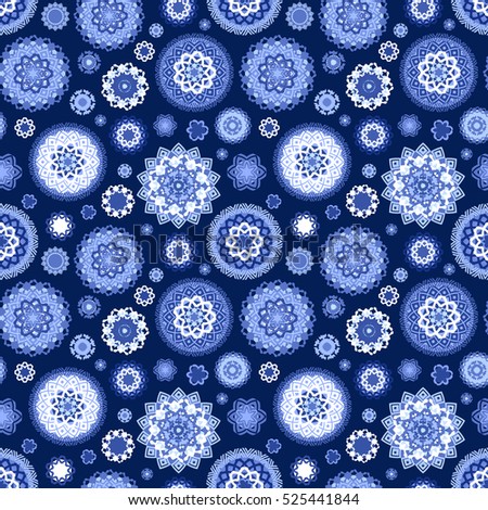 monochrome blue seamless texture with fancy arabesques 