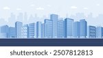 Monochrome blue urban landscape with clouds and birds in the sky. Light blue city buildings with trees. Modern architectural flat style vector art. Vector cityscape background.