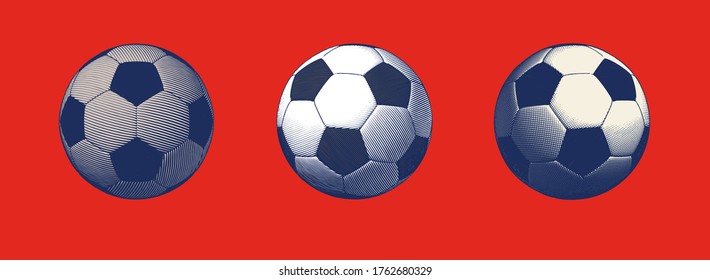 Monochrome blue vintage engraved drawing football soccer vector illustration in various drawing technique style with three point of view isolated on red background