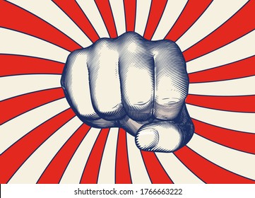 Monochrome blue vintage engraved drawing human hand fist punching gesture vector illustration isolated red shining sun Japanese retro style background