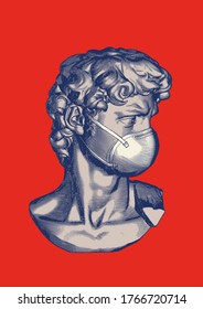 Monochrome blue vintage engraved drawing David of Michelangelo sculpture with N95 face mask vector illustration isolated on red background