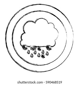 monochrome blurred circular frame with cumulus of clouds with rain vector illustration