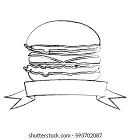 monochrome blurred contour with burger and ribbon vector illustration