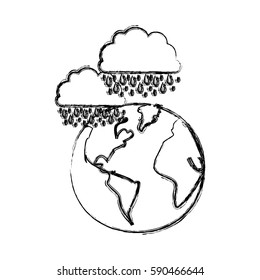 monochrome blurred contour of cloud with rain over planet earth vector illustration