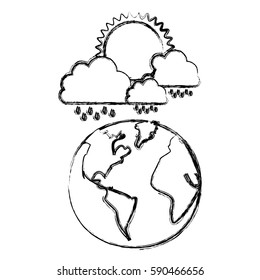 monochrome blurred contour of cloud with rain and sun over planet earth vector illustration