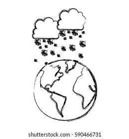 monochrome blurred contour with cumulus of clouds and snow fall over planet earth vector illustration