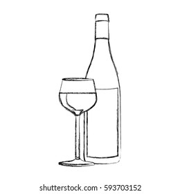 monochrome blurred contour of glass cup and bottle vector illustration