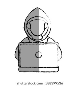 monochrome blurred contour with hacker faceless and laptop