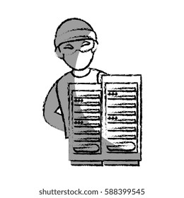 monochrome blurred contour with hacker and tower server