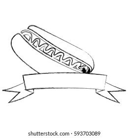 monochrome blurred contour of hot dog with sauce and ribbon vector illustration