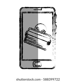 monochrome blurred contour with stealing credit card in cell phone