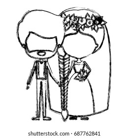 monochrome blurred silhouette of caricature faceless newly married couple groom with formal wear and bride with braids hairstyle vector illustration