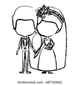 monochrome blurred silhouette of caricature faceless newly married couple groom with formal wear and bride with ponytail side long hairstyle vector illustration