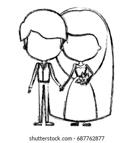 monochrome blurred silhouette of caricature faceless newly married couple young groom with formal wear and bride with long hairstyle vector illustration