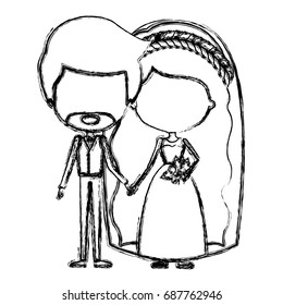 monochrome blurred silhouette of caricature faceless newly married couple groom with formal wear and bride with wavy long hairstyle vector illustration